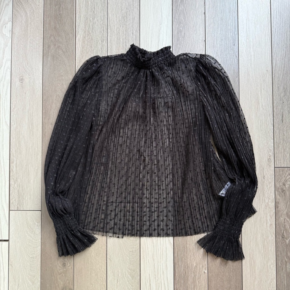 STATE Black Blouse with Puff Sleeves and Ruffled Mandarin Collar